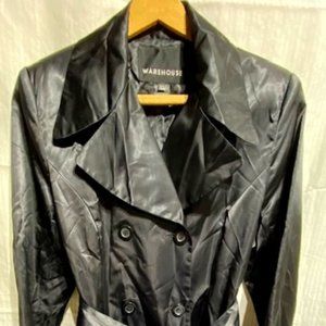Warehouse black Double Breasted Trench shiny raincoat Medium